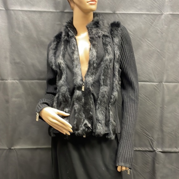Vintage Dolce Cabo Black Knit Fur Front Zipper Cardigan - Picture 9 of 14